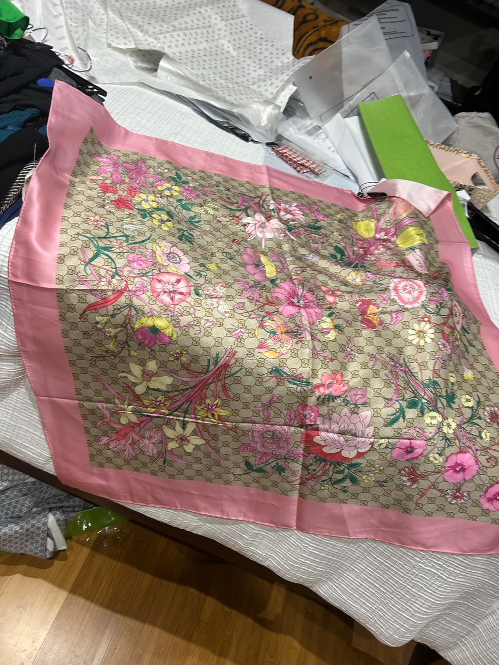 Gucci Pink Border Floral Silk Scarf